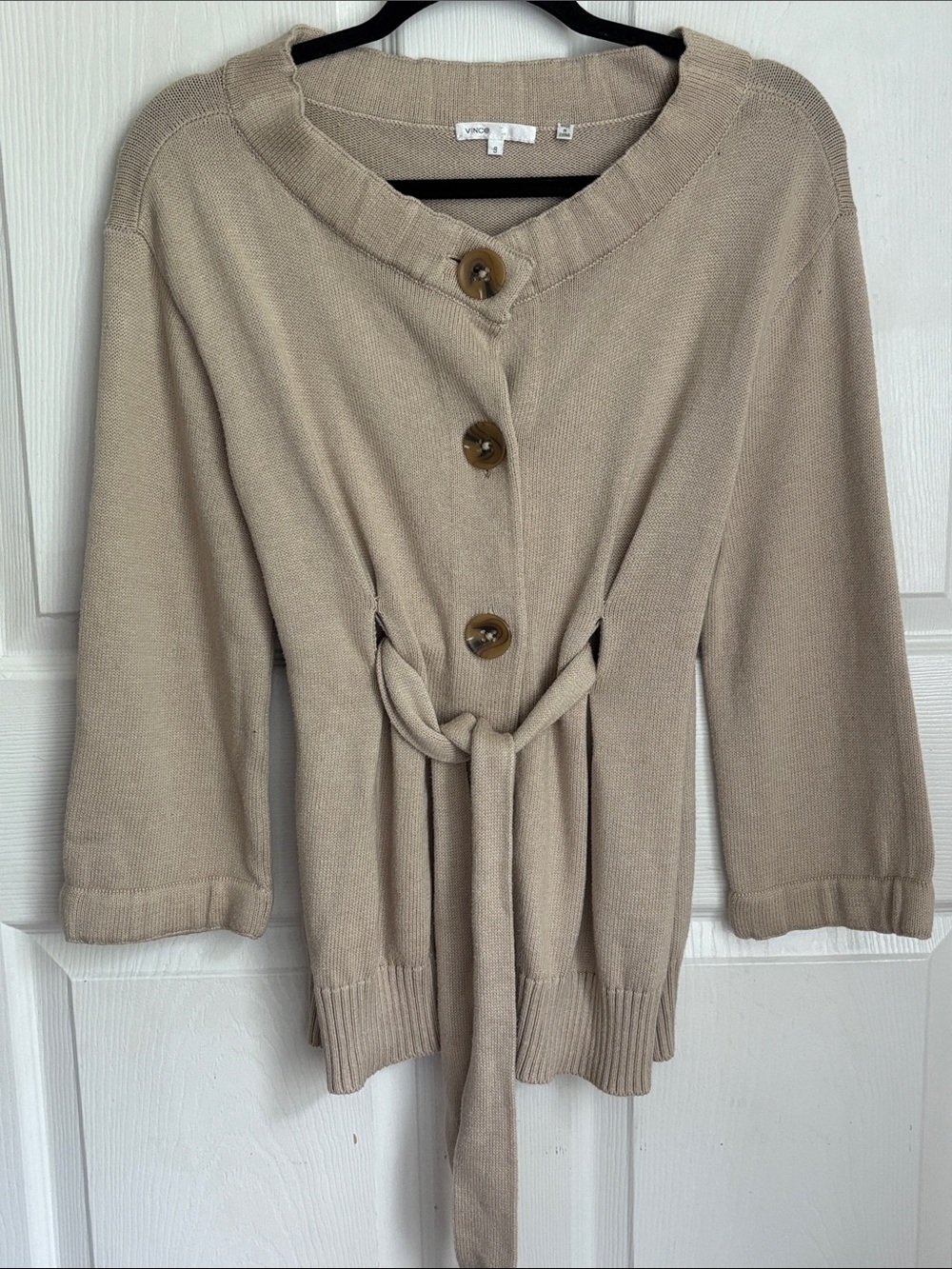 Vince Beige Button Front Tie Waist Cardigan Sweater Cotton Cashmere Size Small